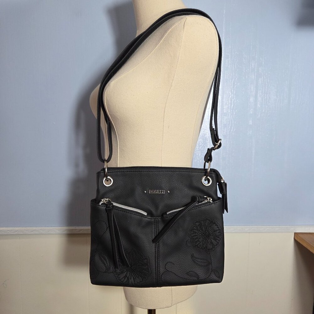 Rosetti Black Floral Embroidered Front Pockets Medium Shoulder Crossbody Purse